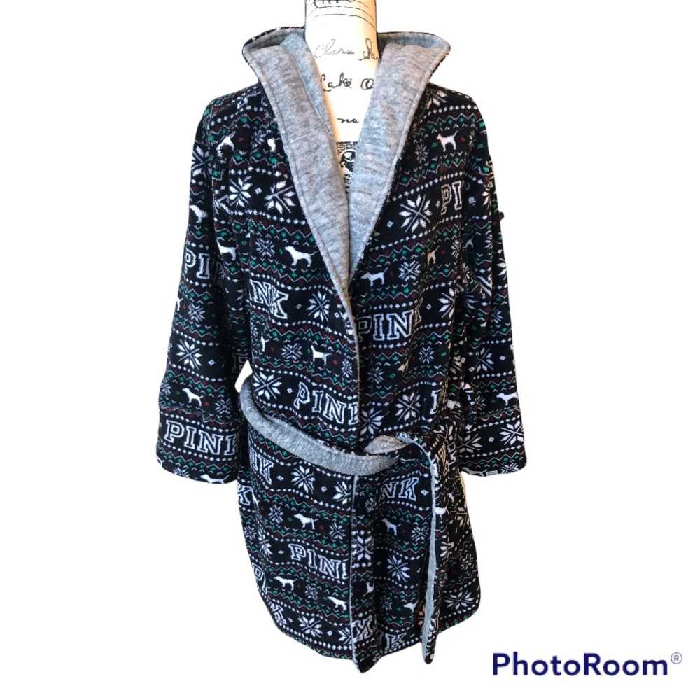 PINK by Victoria’s Secret Black Hooded Robe with Dog and PINK Logo
